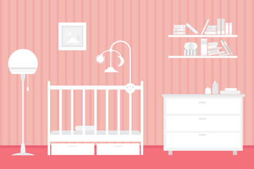 Baby room with furniture. Nursery interior. Style vector illustration.