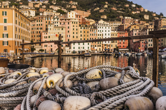Fishing nets and harbour, Camogli, Liguria,  Italy