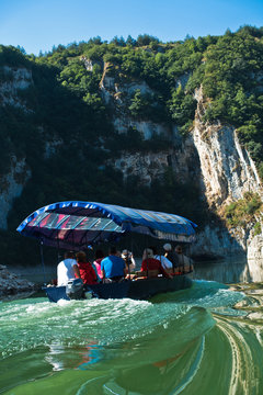 Rocky landscape of river Uvac gorge at sunny summer morning, southwest Serbia