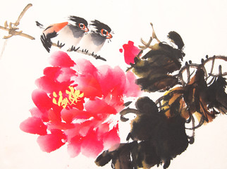 Chinese ink painting bird and plant © baoyan