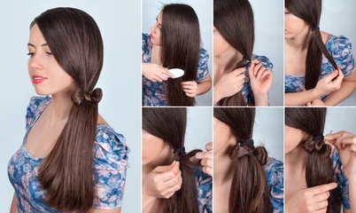 Garden poster Hairdressers hairstyle tail with bow for long hair tutorial
