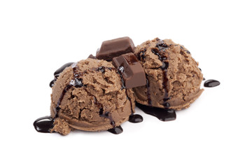chocolate ice cream with chocolate bars and syrup