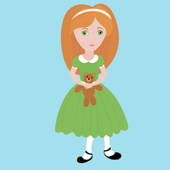 Fototapeta premium cute cartoon little girl with orange hair wearing green dress holding small teddy bear. Happy child.