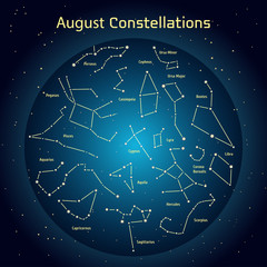 Vector illustration of the constellations of the night sky in August. Glowing a dark blue circle with stars in space Design elements relating to astronomy and astrology