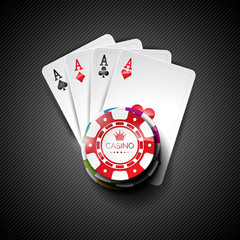 Obraz premium Vector illustration on a casino theme with color playing chips and poker cards on dark background.
