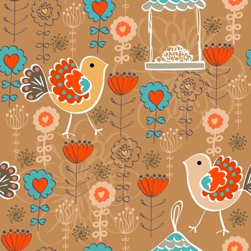 Cute seamless pattern with  birds and flowers. Spring vector background.