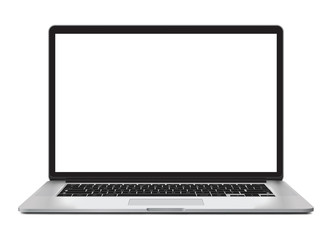 Laptop vector illustration with blank screen isolated on white background, aluminium shiny glowing body.