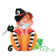 Illustration for Halloween with a cute witch sitting on big pump