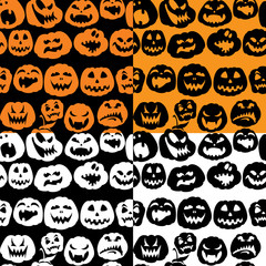 Halloween seamless pattern with pumpkins faces - different emoti