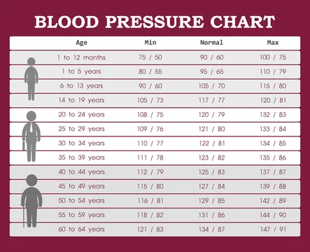 Blood pressure chart from young people to old people Stock Vector