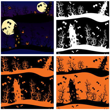 Set of seamless patterns - Halloween night: mystery house on sky