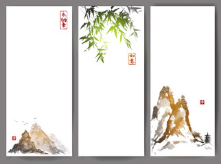 Three banners with mountains and bamboo in traditional Japanese ink painting sumi-e style. © elinacious
