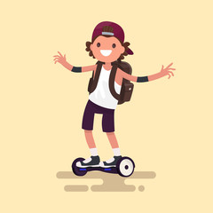 Cheerful guy rides on gyroscooter. Vector illustration