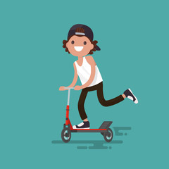 Cheerful guy riding a scooter. Vector illustration