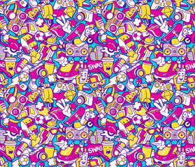 Graffiti seamless pattern with line icons collage
