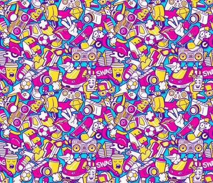 Graffiti seamless pattern with line icons collage