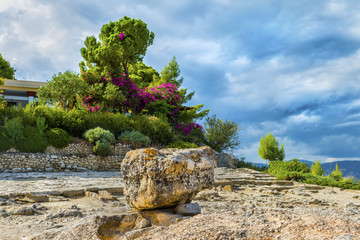 Dramatic sky above the ruins of the ancient Minoan Palace of Phaistos( Festos ).Located on the plateau of Messara.District of Heraklion.Crete island.Greece.Europe.