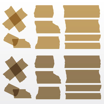 Vector brown adhesive tapes set. Transparent - tape up object will be see. Eps 10 vector file.