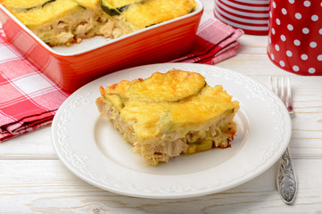 Casserole with zucchini, chicken and cheese. 