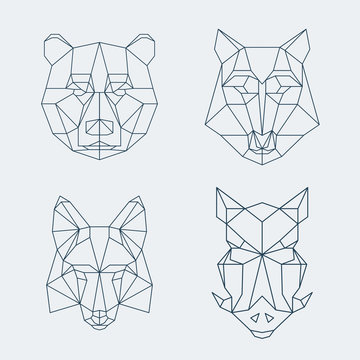 Low poly animals. Bear and wolf, fox or wild boar heads