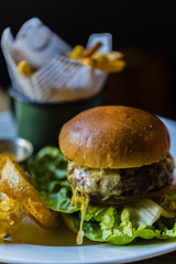 Hamburger with fresh vegetables and chips