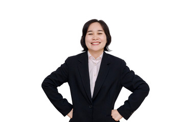 Middle aged asian woman smiles over white background