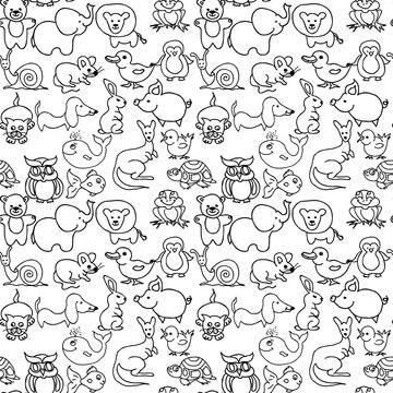 Baby animals icons seamless pattern monochrome 