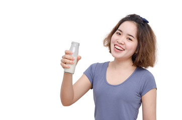 Young asian girl drink milk over white background