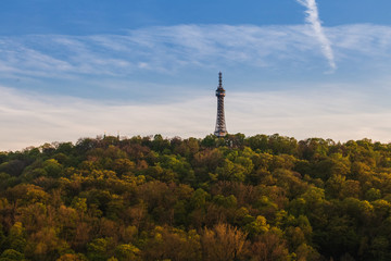 Obraz premium Petrin lookout tower in Prague. View from Prague Castle. Spring