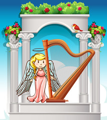 Angel playing harp in garden