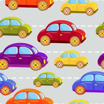 Toy car. Kids cars of all colors of the rainbow. Traffic jams.  Seamless vector pattern.