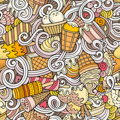 Cartoon hand-drawn ice cream doodles seamless pattern