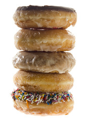 a stack of assorted flavor donuts