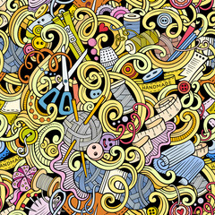 Cartoon handmade and sewing doodles seamless pattern