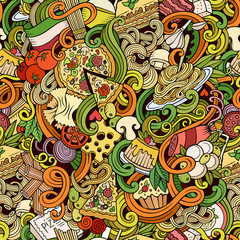 Cartoon doodles of italian cuisine seamless pattern