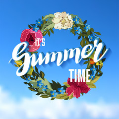 Summer Time Lettering Background with floral Wreath.