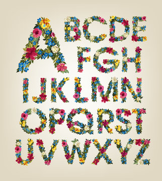 Flower alphabet. Colorful font. Uppercase.