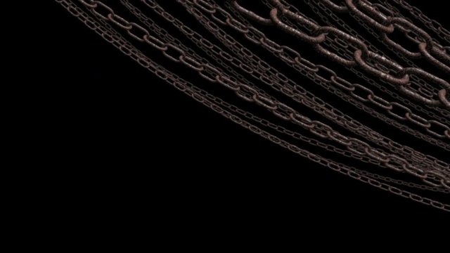 Seamless looping 3D animation of swinging rusted chains including alpha matte