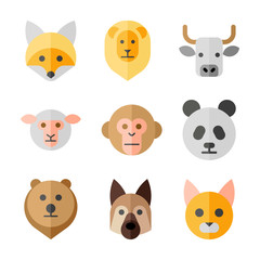 Animals heads vector flat icons set 