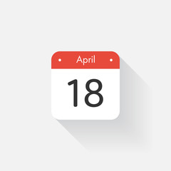 Calendar Icon with long shadow. Flat style. Date,day and month. Reminder. Vector illustration. Organizer application, app symbol. Ui. User interface sign. April. 18