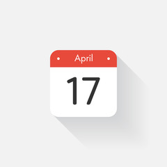 Calendar Icon with long shadow. Flat style. Date,day and month. Reminder. Vector illustration. Organizer application, app symbol. Ui. User interface sign. April. 17