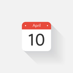 Calendar Icon with long shadow. Flat style. Date,day and month. Reminder. Vector illustration. Organizer application, app symbol. Ui. User interface sign. April. 10