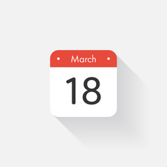 Calendar Icon with long shadow. Flat style. Date,day and month. Reminder. Vector illustration. Organizer application, app symbol. Ui. User interface sign. March.18
