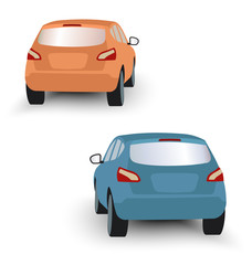 Back of hatchback cars orange and blue in vector on white background