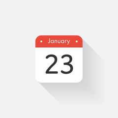 Calendar Icon with long shadow. Flat style. Date,day and month. Reminder. Vector illustration. Organizer application, app symbol. Ui. User interface sign. January.23