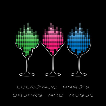 Cocktail Party template with glasses and equalizer. 
