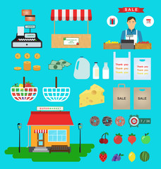Supermarket icons. Food and drinks, basket and money.