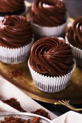 Chocolate cupcakes on a tray, close up