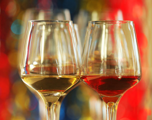 Two glasses of red and white wine, close up