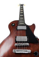 Fototapeta na wymiar Brown electric guitar on white background, close up